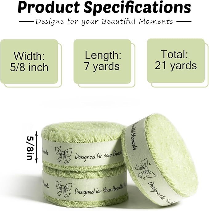 Sage Green Cotton Ribbon 5/8 Inch Sage Green 3 Rolls 21 Yards Frayed Edge Fabric Set for Wedding Invitations, Bridal Bouquet Wrap, Baby Shower Decor, Garden Party & Gift Wrapping