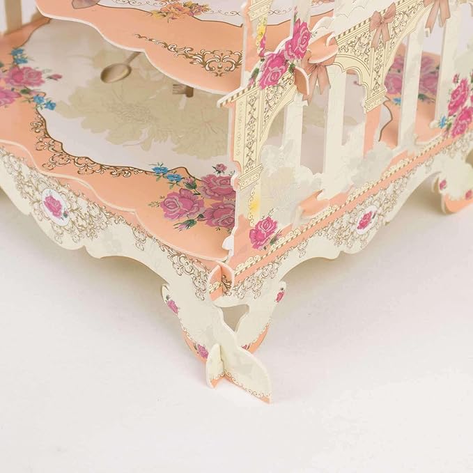 Efavormart 3 Tier White Peach Birdcage Cardboard Cupcake Stand with Floral Print, Cake Display Dessert Holder - 18"