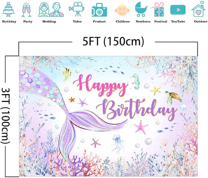Mocsicka Mermaid Birthday Backdrop Blue and Purple Under The Sea Background for Girls Birthday Party Decor Photo Booth Props (5x3ft)