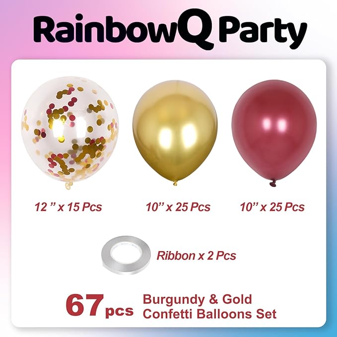 Metallic Burgundy and Gold Balloons 12 Inch 67PCS Gold Maroon Shiny Confetti Balloons Latex Helium Balloon Set for Graduation Wedding Birthday Party Decorations