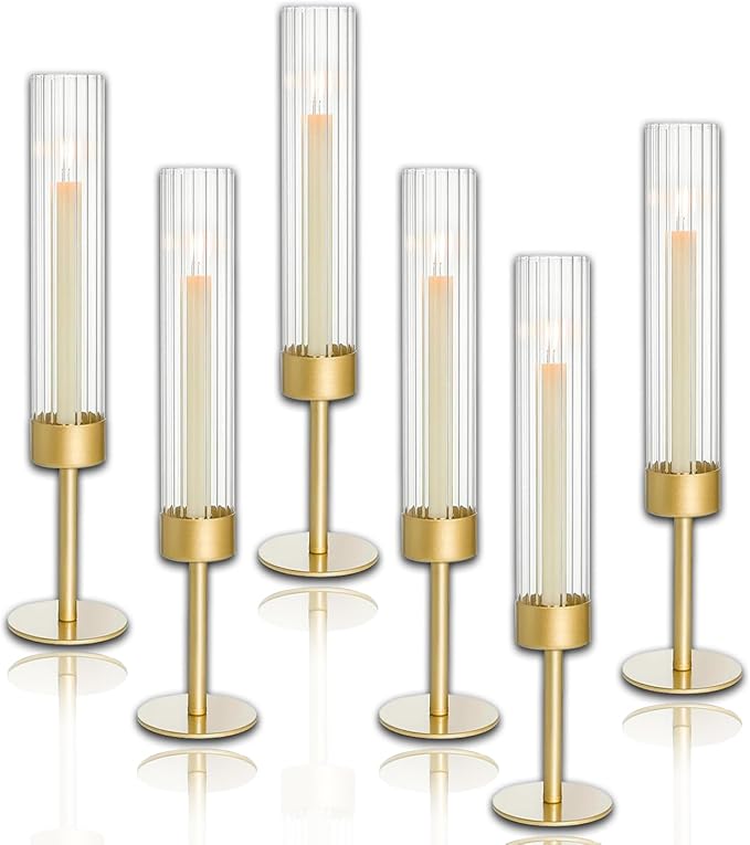 Glass Hurricane Candle Holders Set of 6,Brass Candlestick Holders,Taper Candlestick Holders,Elegant Dining Table Centerpiece for Wedding, Christmas & Home Decor-Ribbed