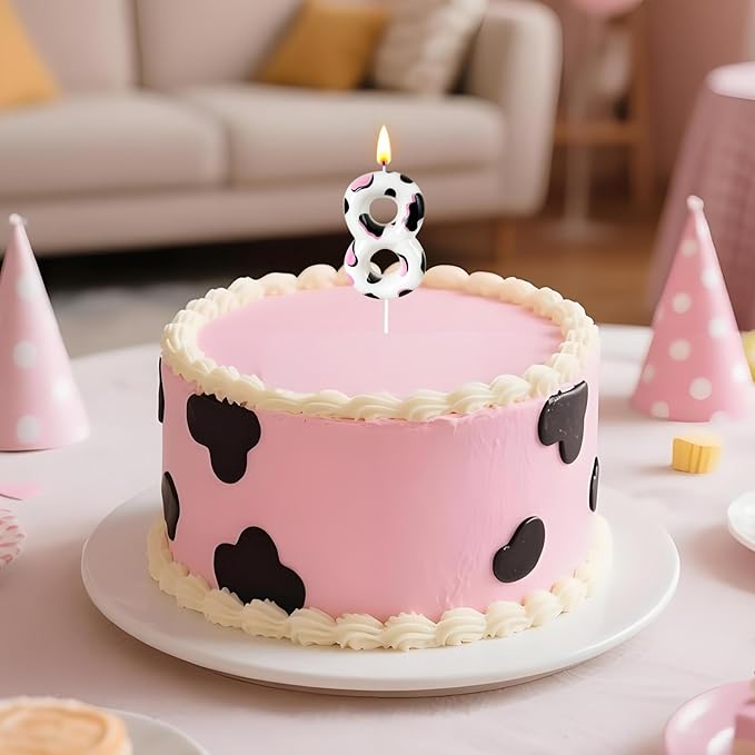 Number 8 Birthday Candle for Cake – Cow Print Design in White Black Pink – Farm Theme & Cowgirl Party Cake Topper Decoration