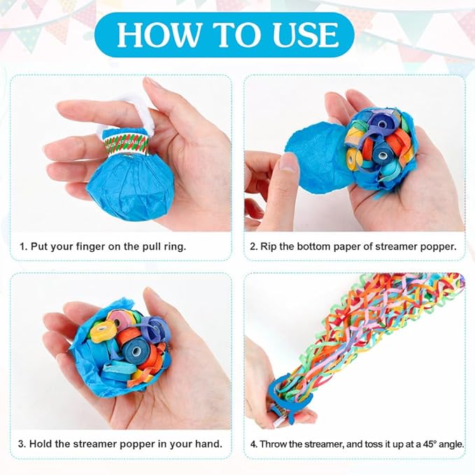 16Pack No Mess Streamers, Blue Hand Thrown Streamer Poppers, No Mess Confetti Poppers, Party Poppers with Ribbons, Confetti Streamers for Birthday, Wedding, Celebrations, Graduation, Party Favors