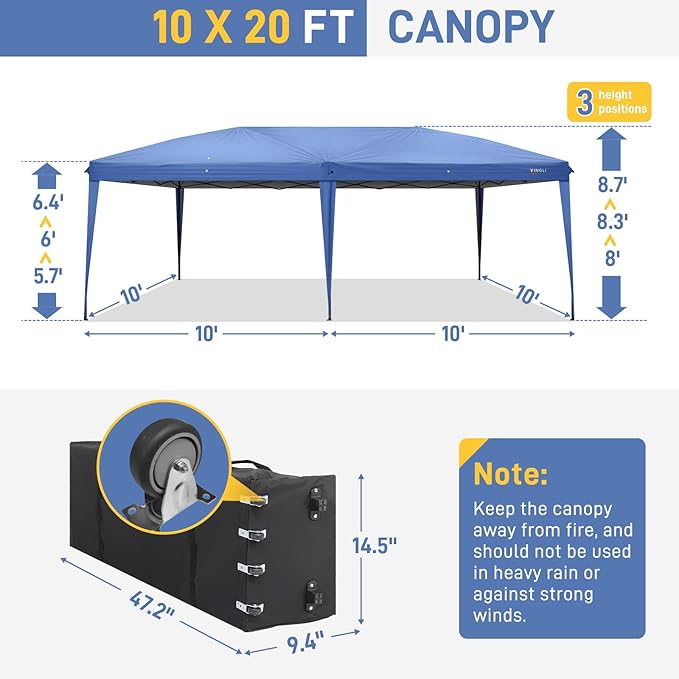 VINGLI 10x20 Pop Up Canopy Tent with Sidewalls, Outdoor Gazebo Canopy Tent, Patio Event Tents Outdoor Event Shelter for Parties (Blue)