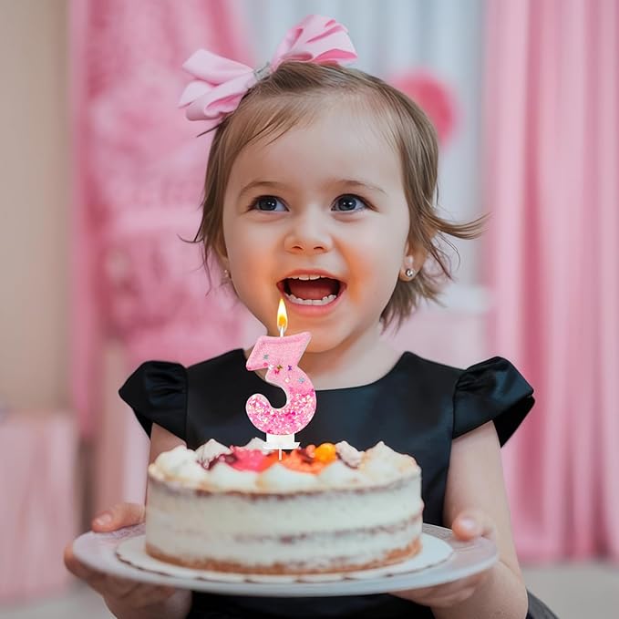 Pink Sequin Birthday Candles, Cake Number Candles, Girls 0th Birthday Decorations, Suitable for Birthday Parties, Anniversary Party Decorations(3)