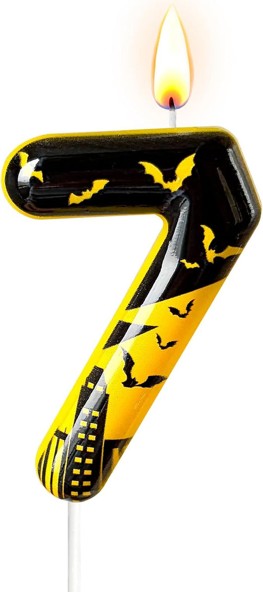 Black Yellow Number 7 Birthday Candle for Cake – Dark Night Hero Style with Bat & City Silhouette Design – Unique Cake Topper for Birthday, Anniversary, Themed Party Decoration