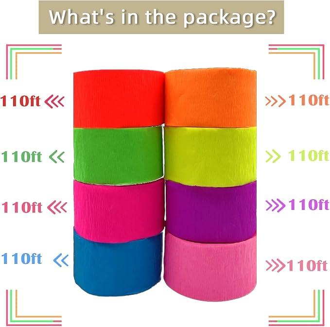 880feet Blacklight Party Streamer Decorations 8 Rolls Glow Crepe Paper UV Reactive Fluorescent Neon Paper Streamers Glow Party Supplies and Decorations for Wedding Birthday Neon Fiesta Party