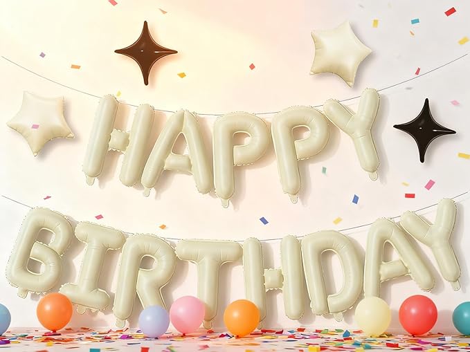 Cream Green Happy Birthday Banner Balloon Aluminum Foil 16 Inch Letter,10 Inch Five Pointed Star Four Pointed Star Suitable for Kids, Men, Women, Boys and Girls Party Decoration Supplies