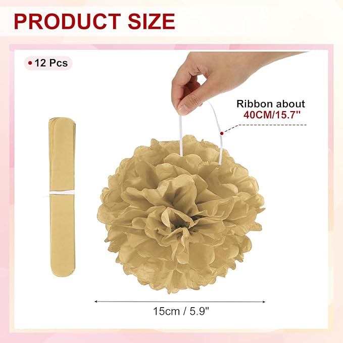 PATIKIL 6inch Tissue Paper Pom Poms, 12PCS Pom Poms Paper Flowers Ball Tissue Paper Flowers for Wedding Bridal Shower Birthday Bachelorette Party Backdrop Decoration, Khaki