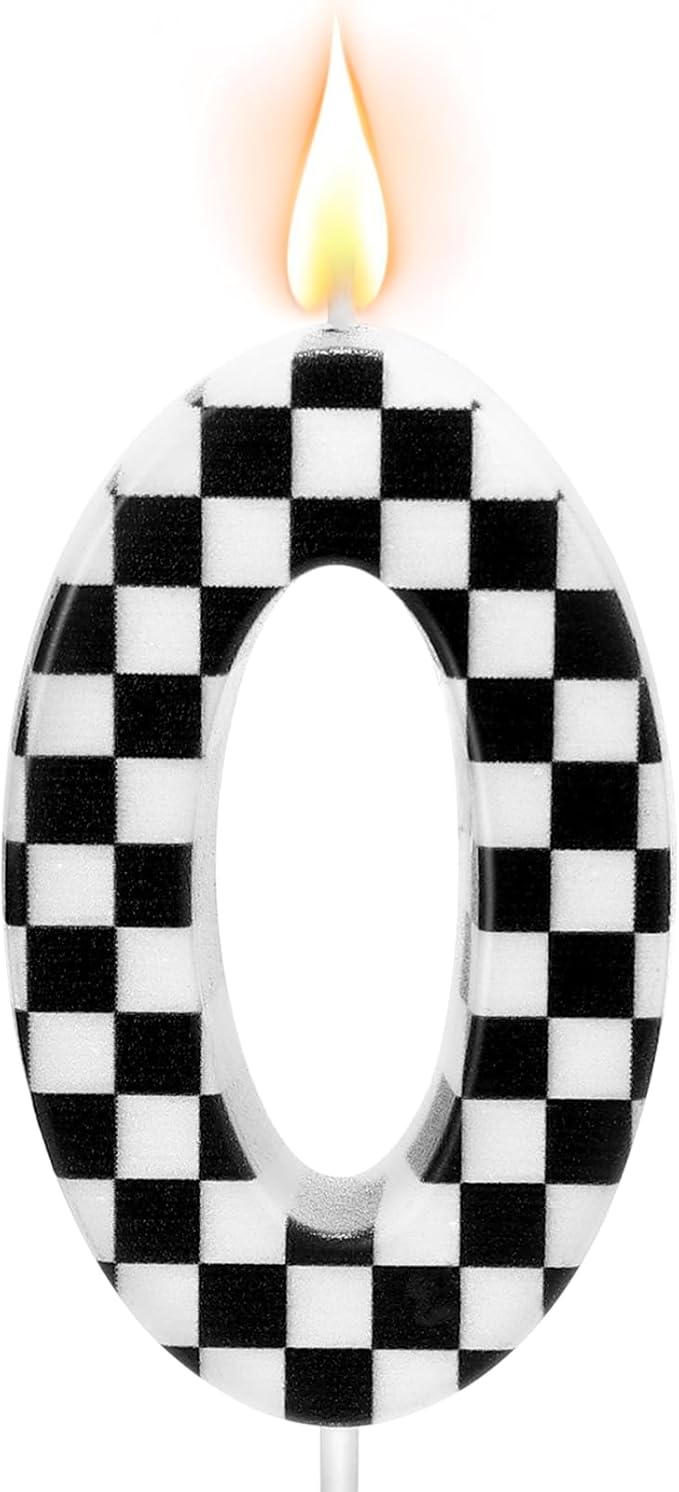 Racing Car Themed Birthday Candles, Number 0 Checkered Candles, Black & White Checkered Cake Decoration, Car Cake Topper for Party Decoration Theme Party Supplies