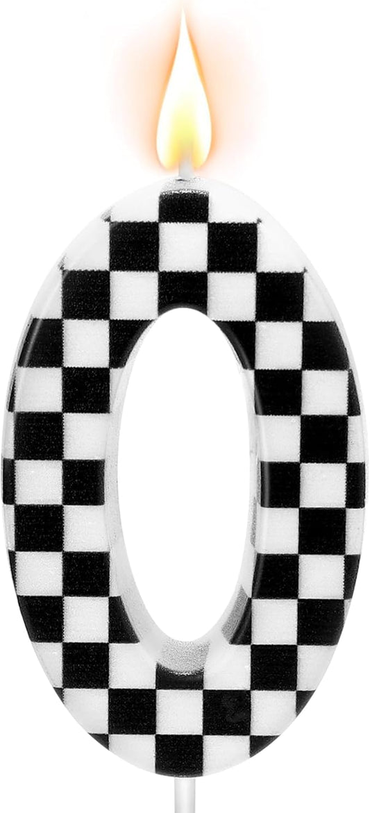 Racing Car Themed Birthday Candles, Number 0 Checkered Candles, Black & White Checkered Cake Decoration, Car Cake Topper for Party Decoration Theme Party Supplies