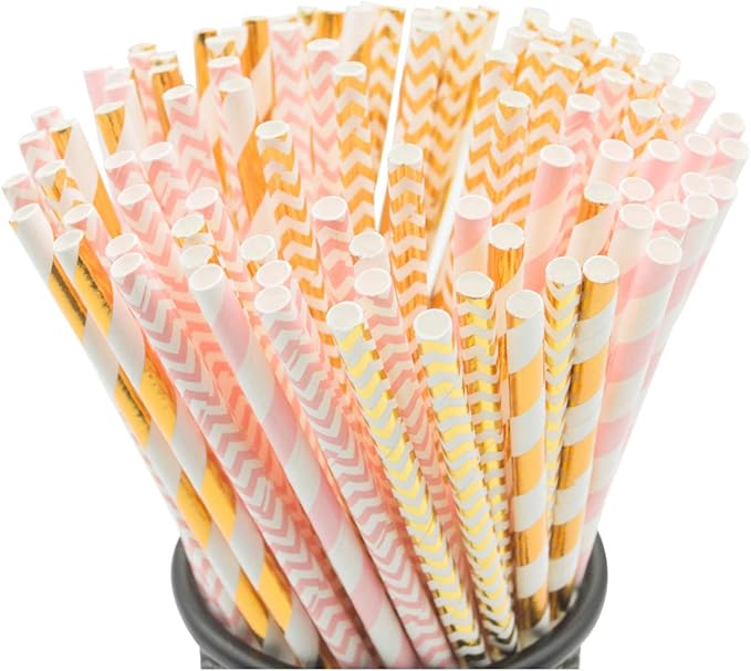 KTOJOY Biodegradable Paper Straws, 100 Pack Pink for Party Supplies, Birthday, Wedding, Bridal/Baby Shower Decorations and Holiday Celebrations