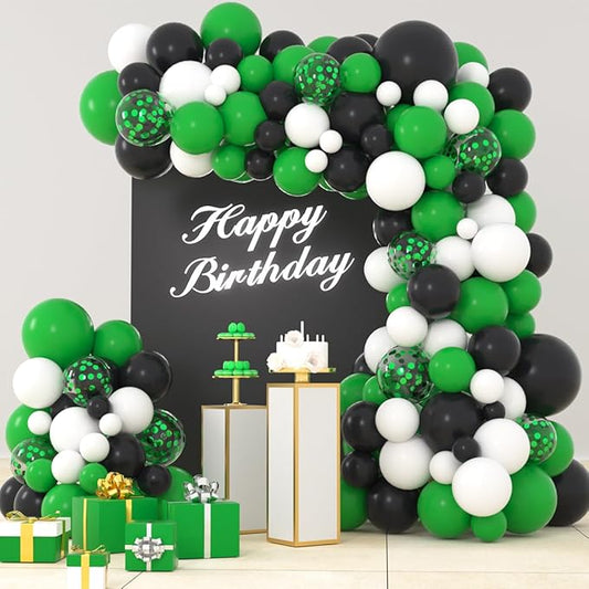 Green White Black Balloon Garland Arch Kit - Green Black White Balloons Soccer Ball Birthday Party Decorations for Video Game Football Birthday Safari Jungle Baby Shower Graduation Party Decors