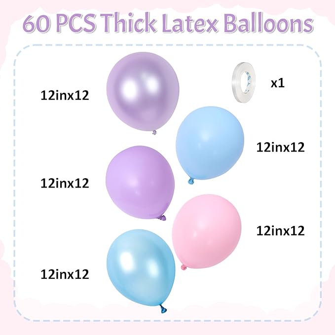 HILAVO Pink Purple Blue Balloon 60Pcs 12 Inch Metallic Pastel Balloon Iridescent Pearl Pink Blue Purple Party Balloons for Girls Mermaid Snowflake Princess Birthday Baby Shower Party Decoration