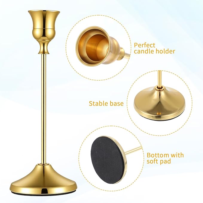 6 Pcs Gold Metal Taper Candle Holders Bulk, 9.1/7.5/6.3inch Candlestick Holders, 7cm Diameter Taper Candle Holder Bulk for Table Centerpieces Candlesticks for Ramadan Wedding Christmas Party