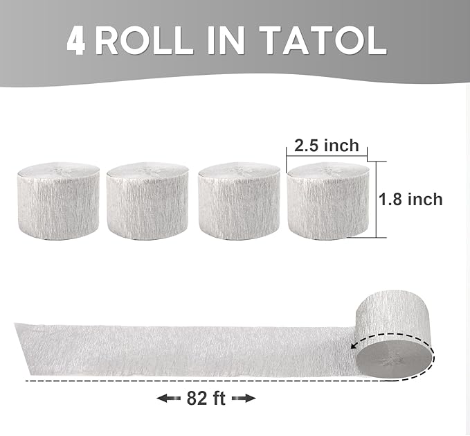 4 Rolls Crepe Paper Silver Streamers – Perfect for Streamers Party Decorations, Wedding, Birthday, Colored Decor, and DIY Craft Supplies(1.8 Inch x 82 Ft/Roll)