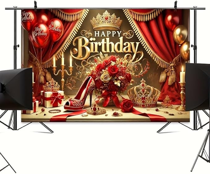 Royal Birthday Party Banner 71x43 Inch Double Sided Outdoor Decoration with CrownRed Rose and High Heel Design for Elegant Birthday Celebration Queen Party Supplies