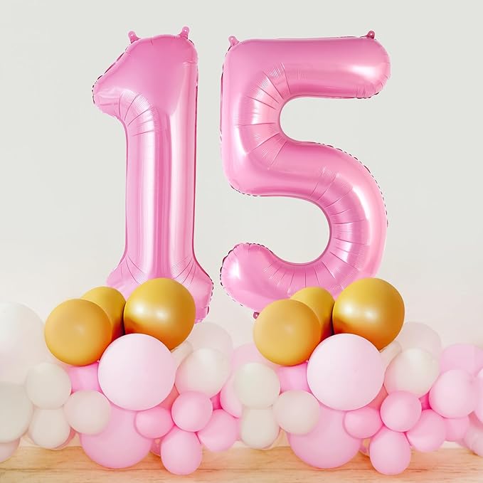 Pink Number 15 Balloon, 40 Inch Big Large Foil Helium Number Balloons, Giant Mylar Number 15 Balloons for 15 Year Old Birthday Party Decorations Supplies Anniversary