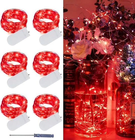 LAMPHOME 6 Pack Red Valentine's Fairy Lights Battery Operated (Included), 7 ft 20 LED Mini String Lights, Waterproof Silver Wire Firefly Starry Light for DIY Wedding Party Mason Jars Decor
