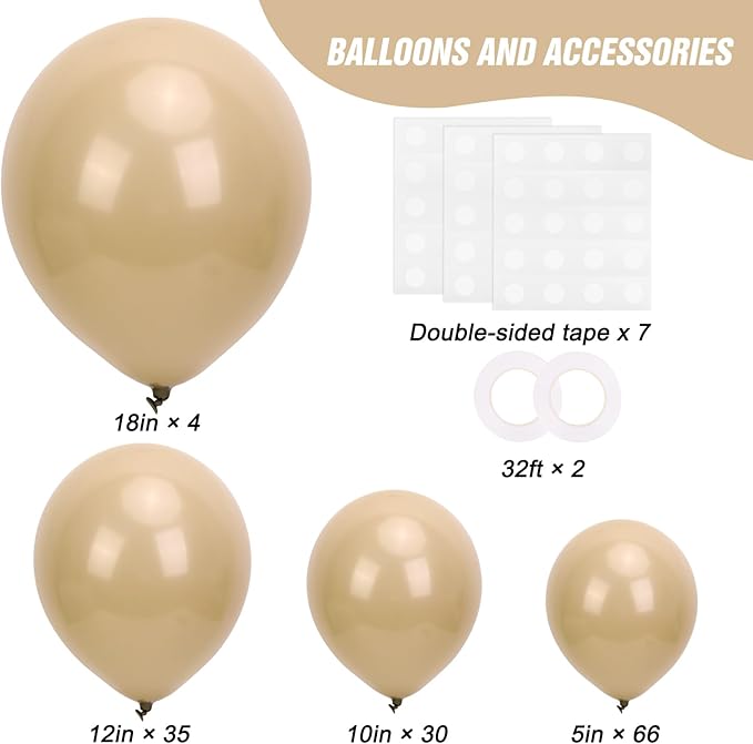 RUBFAC 135pcs Vanilla Brown Balloons, Latex Light Brown Balloon Different Sizes 18 12 10 5 Inch for Garland Arch Wedding Baby Shower Birthday Party Decorations