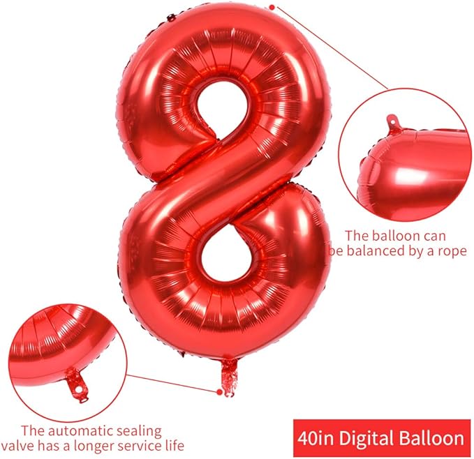 TONIFUL 40 Inch Red Large Numbers Balloons 0-9, Number 8 Digital 8 HeliumFoil Mylar Big Number Balloons for 2026 Mother's Day New Year Eve Graduation Valentine's Day Birthday Party Anniversary Party
