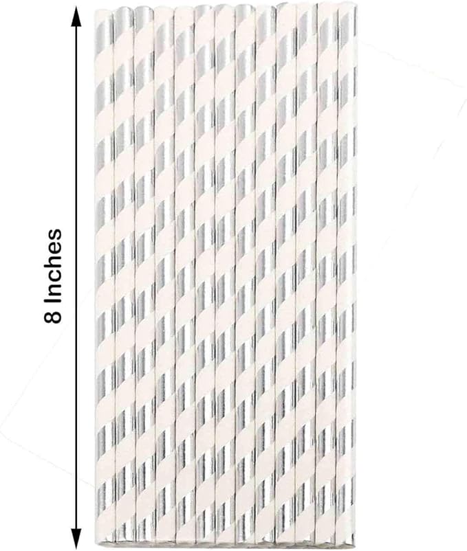 Efavormart 125 Pcs Candy Striped Paper Straws Silver Foil Swirl Straws For Wedding Birthday Party Dance Banquet - White/Silver
