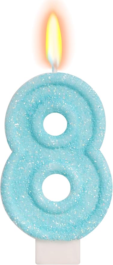 Blue Birthday Candles - Number 8 Candle for 8th Birthday Decorations for Girls, Sky Blue Cake Decorations Sweet Theme Party Supplies
