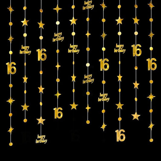 GCQQ Gold 16th Birthday Decorations - 4 Packs Happy 16th Circle Dot Twinkle Star Hanging Garland 46FT 16 Year Old Streamer Banner Backdrop for Girls Boys Teen Sweet Sixteen 16th Birthday Party Decor