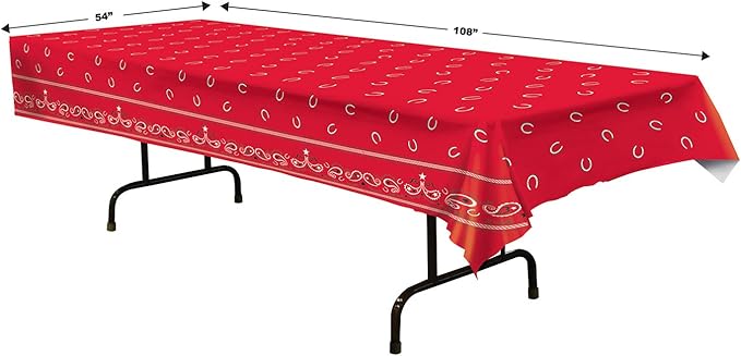 Beistle Red Bandana Plastic Tablecover – Western Theme Rectangular Tablecloth for Farmhouse Parties, Cowboy Birthday Decorations, Rodeo Events and Country Picnic Tables, 54” x 108”