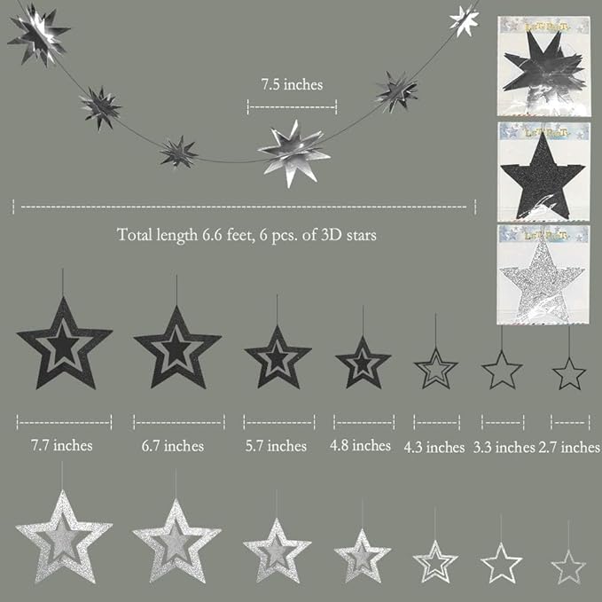 Cheerland Glitter Black Silver Party Decorations Star Garlands Starry Night Streamers Hanging Stars Birthday Twinkle Little Star Moon Decorations Graduation Halloween Wedding Bridal Ramadan NYE