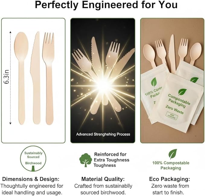 500 Pack Wooden Cutlery Set [200 Forks, 200 Spoons, 100 Knives] – Alternative to Plastic, Eco-Friendly Disposable Utensils, Biodegradable & Compostable – 100% Plastic-Free Party & Catering Supplies