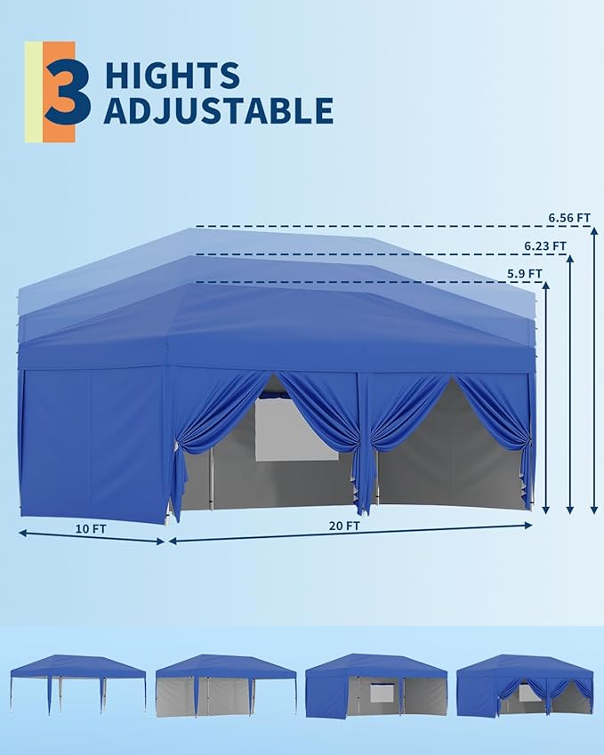 10x20FT Instant Pop Up Canopy Tent with 6 Side Walls, Heavy Duty Canopy Set, Waterproof and UV Protected Tailgate Tent for Outdoor Events (Blue)