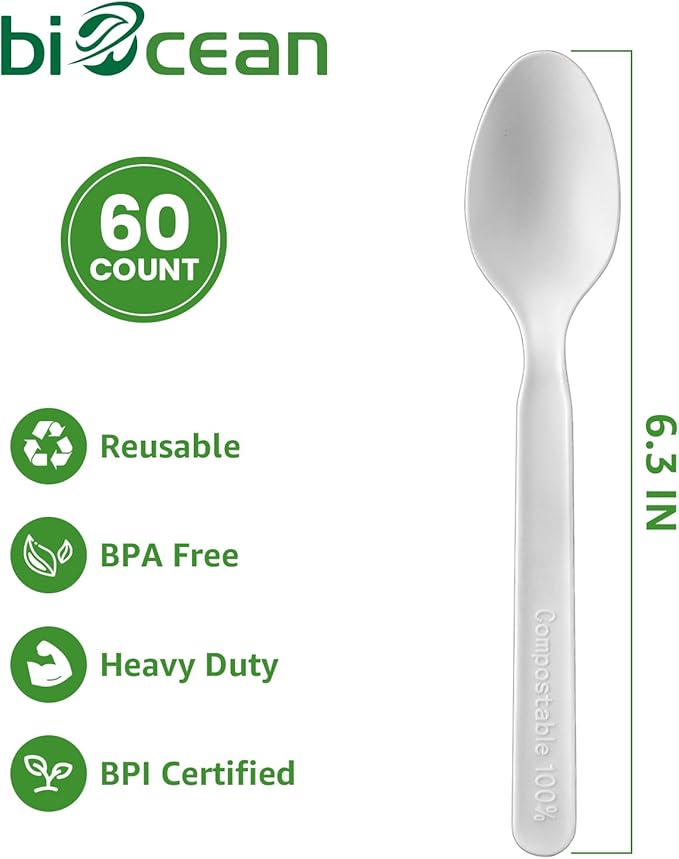 100% Plastic Spoons 60 Count Disposable Soup Spoons Heavy Duty Utensils Disposable Silverware Eco Friendly Flatware for Party Camping Picnics Wedding-Ivory White