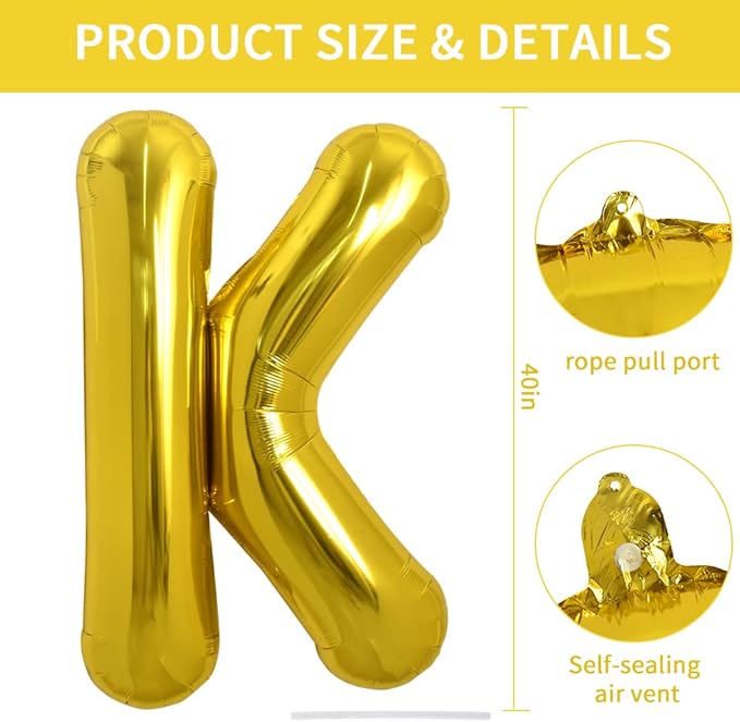 TONIFUL 40 Inch Large Gold Letter K Balloons, Foil Mylar Big Balloons for Birthday Party Anniversary Supplies Decorations
