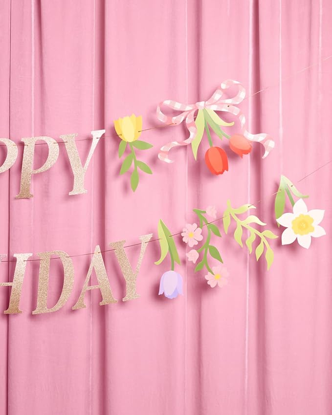 xo, Fetti Floral Happy Birthday Banner | Kids Party, Garden Theme, Tea Party Decorations, Tulips, Flower Garland, Pink, Farmers Market