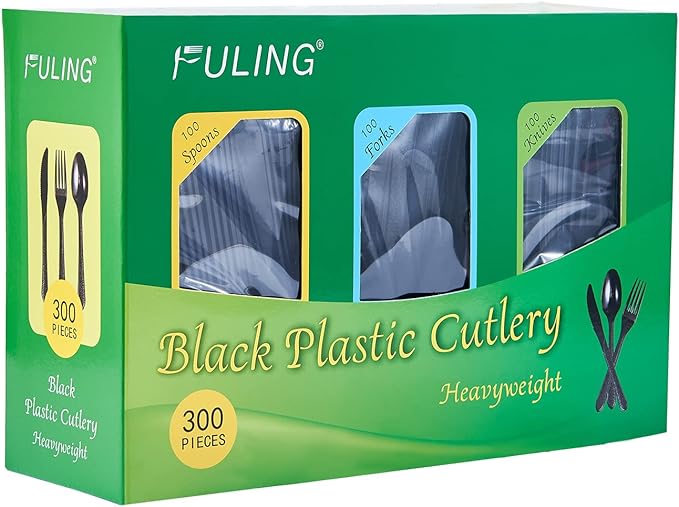 FULING [300 Combo Box] Black Plastic Forks Spoons Knives Heavyweight Utensils Disposable Silverware Heavy Duty Cutlery Set