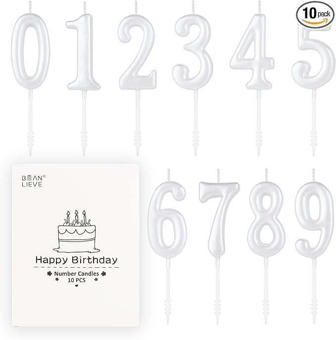 Beanlieve Pearl White Numeral Birthday Candles - Cake Numeric Candles Number 0 1 2 3 4 5 6 7 8 9,Used for Cake Decoration on Birthday Parties and Wedding Anniversary Celebrations(10 Pieces)