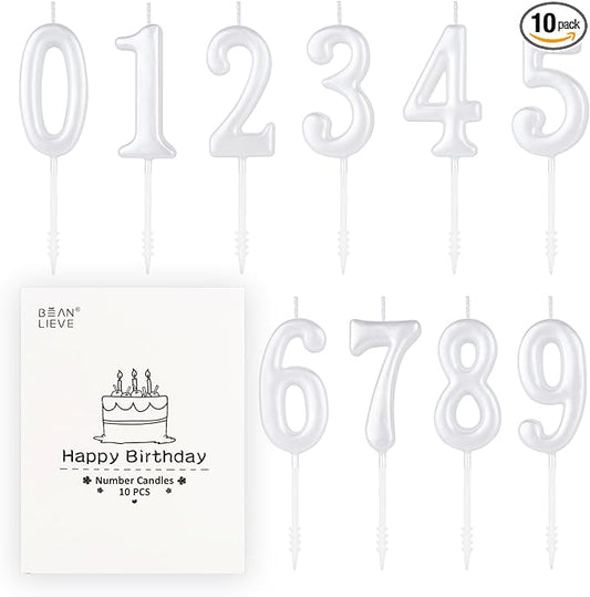 Beanlieve Pearl White Numeral Birthday Candles - Cake Numeric Candles Number 0 1 2 3 4 5 6 7 8 9,Used for Cake Decoration on Birthday Parties and Wedding Anniversary Celebrations(10 Pieces)