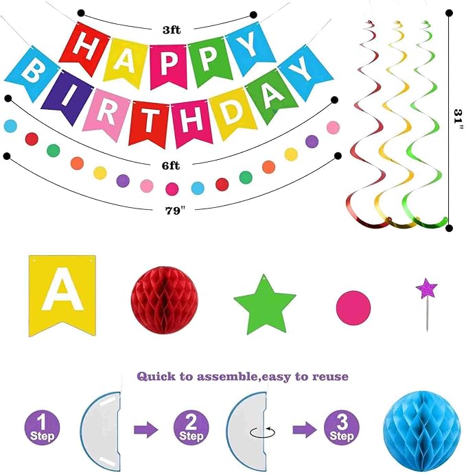 Happy Birthday Decorations, 50Pcs Rainbow Happy Birthday Banner Decorations for Men Women Party Supplies