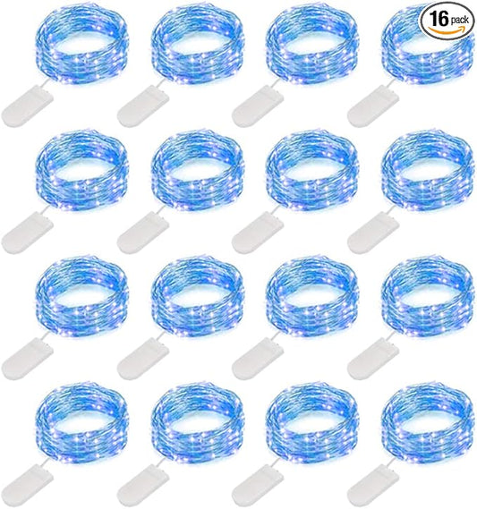 MUMUXI 16 Pack 10 ft Fairy Lights Battery Operated 30 LED Mini String Waterproof Silver Wire Firefly Starry Lights for DIY Wedding Party Mason Jars Christmas Decorations, Blue