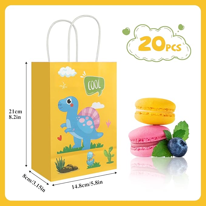 20Pcs Dinosaur Party Favor Bags with Handles, Cartoon Dinosaur Kraft Paper Gift Wrap Bags, Kids Goodie Treat Bags for Boys Girls Dinosaur Theme Birthday Baby Shower Party Supplies