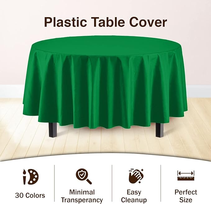 Exquisite Party Solids 6-Pack Premium Plastic Tablecloth 84in. Round Plastic Table Cover - Emerald Green