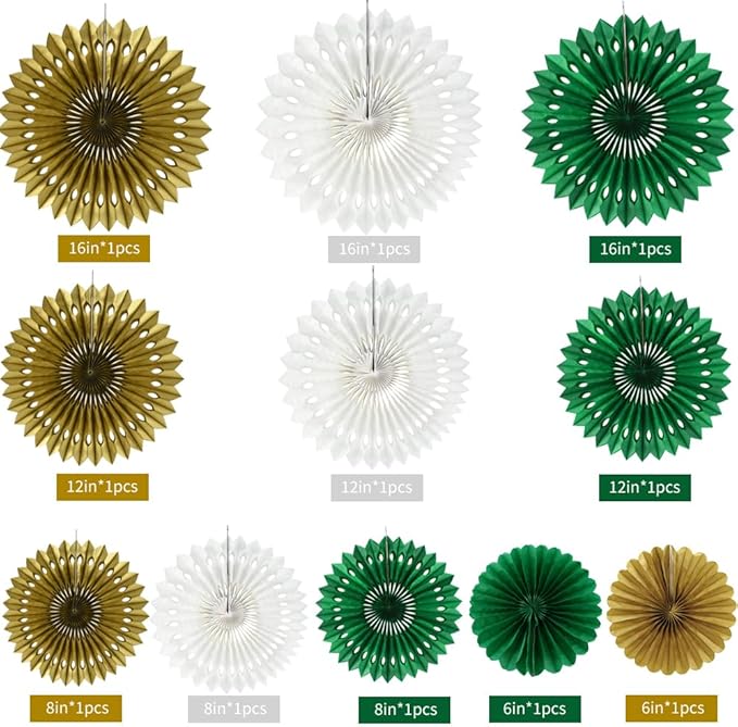 BEISHIDA Green Gold White Tissue Hanging Honeycomb Round Paper Fans Decoration Set for Birthday Graduation Baby Shower Bachelorette Wedding Backdrops St. Patrick’s Day Party Supplies(11 Packs)