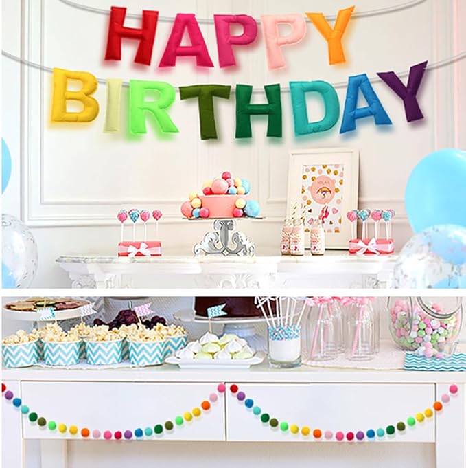 Pre-Strung Happy Birthday Banner, Felt Ball Garland Happy Birthday Garland, Rainbow Decorations Decor Party Pennant, Multicolor Bunting String Triangle Flags Bulk Rainbow Bunting