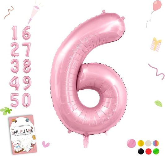 Pastel Pink 6 Balloons, 40 Inch Large Light Pink Foil Number Balloons 0-10, Self-Sealing 6th Birthday Balloon for Girls Women Anniversary Baby Shower Princess Party Decorations Supplies