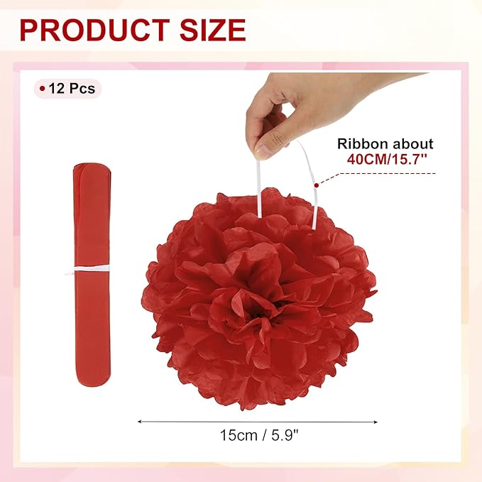 PATIKIL 6inch Tissue Paper Pom Poms, 12PCS Pom Poms Paper Flowers Ball Tissue Paper Flowers for Wedding Bridal Shower Birthday Bachelorette Party Backdrop Decoration, Red