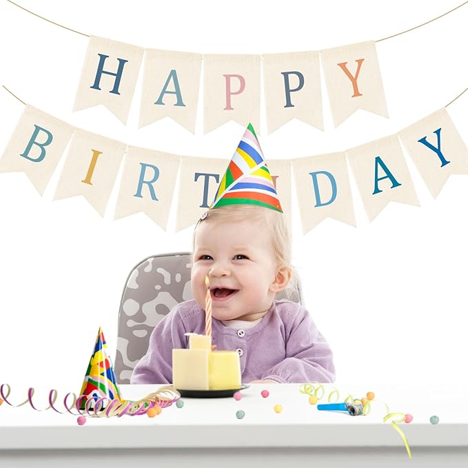 Doumeny Happy Birthday Burlap Banner Boho Birthday Bunting Garland Blue Pink Bohemian Party Sign Flag Colorful Happy Birthday Bunting Banner Rustic Birthdays Garland Flag for Wall Home Porch Door