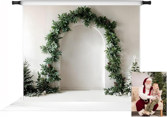 Kate Christmas Arch Door Backdrop Christmas Trees White Wall Background Dark Green Plant Photo Background Studio Props,10x8ft