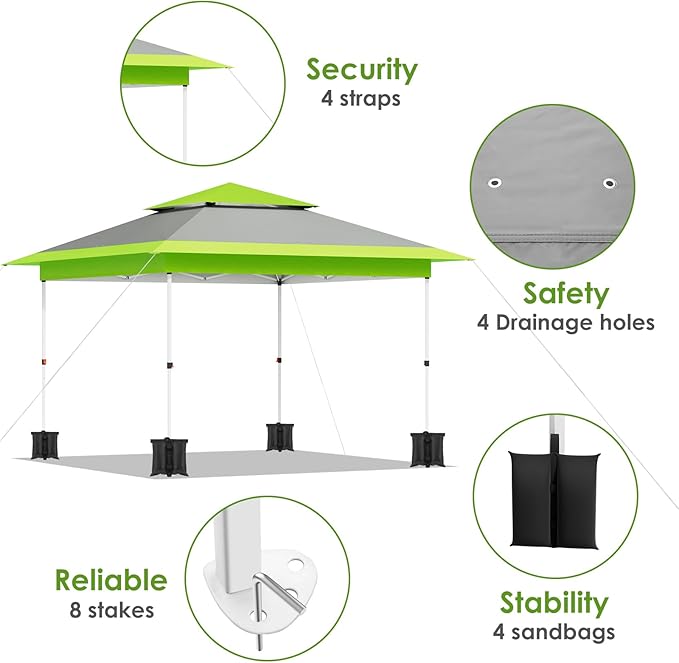 Arlopu Pop Up Canopy Tent with 1-Person Set up, Camping Instant Durable Shelter, Outdoor Gazebo Beach Shade with Wheeled Bag, 4 Sand Bags for Weight (Green, 13FTX13FT)