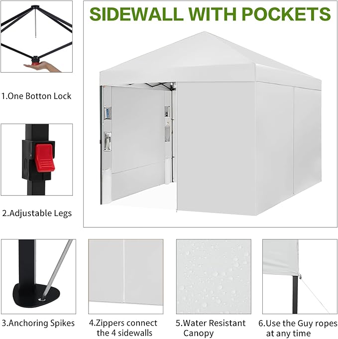Tunbne 10X10 Comercial Pop Up Canopy Tent with 4 Sidewalls and 6 Pockets, One Push Setup Center Lock, for Beach Patio Outdoor, Case, 8 Stakes, 4 Ropes, 4 Sandbags (Snow White)